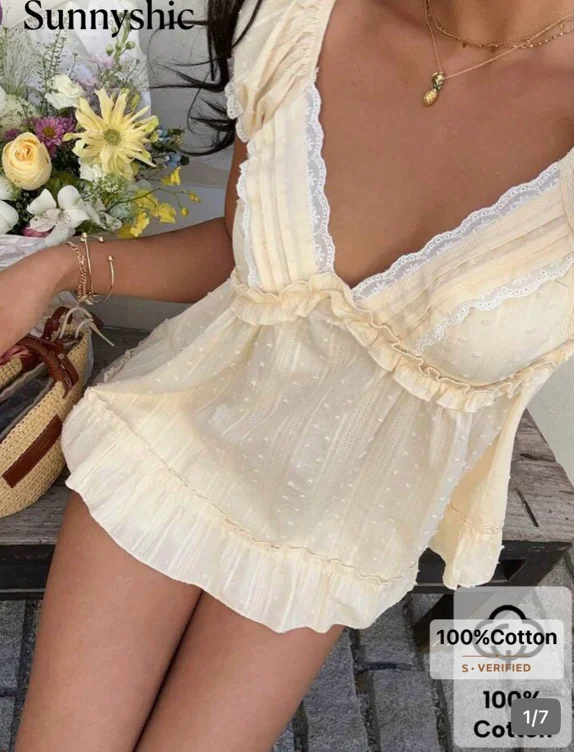 Sunnyshic Women's Pink V-Neck Cute & Sweet Lace Trim Patchwork Short Sleeve Blouse, Suitable For Picnic, Home, Date, Vacation, Versatile - Size S