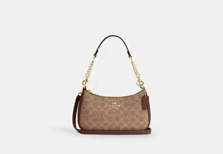 Teri Shoulder Bag In “Signature Canvas Gold/Tan/Brown”