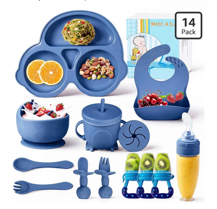 Amazon.com: Juego de Alimentación de Silicona para Bebés, Kit de Suministros de Destete Dirigido por el Bebé MIICASA con Tazón con Ventosa y Plato para Carro, Babero, Cuchara, Tenedor, Taza - Silicona de Grado : Bebés