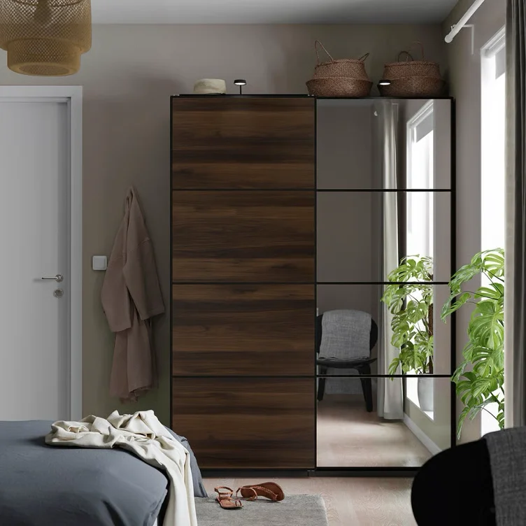 PAX / MEHAMN/AULI Wardrobe with sliding doors - dark grey black/dark brown oak effect mirror glass 150x66x201 cm