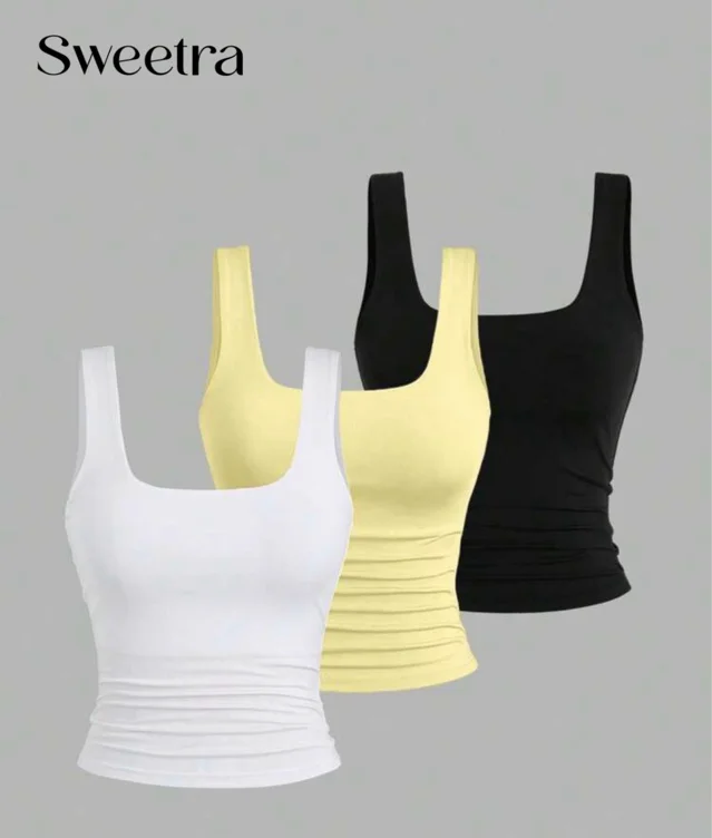 Sweetra 3pcs Women's Summer Casual Solid Color Square Neck Fitted Tank Tops