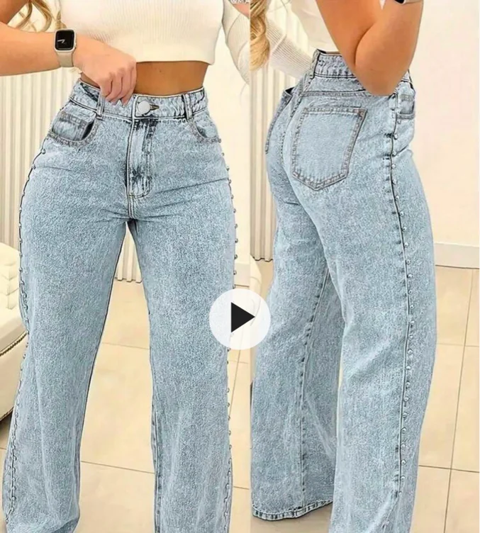 Rivet Denim Pants, Casual Loose Wide Leg Pants, With A Mid Waist Built-In Zipper And Pocket, Comfortable And Versatile