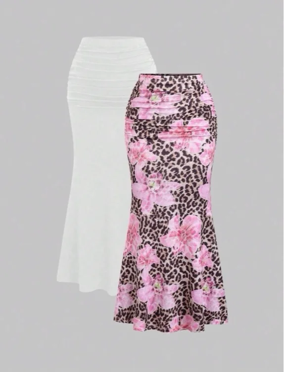 Solid Color Mermaid Skirt & Floral Pattern Skirt