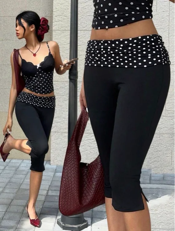 Black Polka Dot Side Slit Casual Skinny Capri Leggings For Women