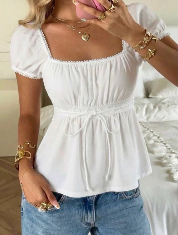 Summer Outfits Square Neck Puff Sleeve Tie Front Tee