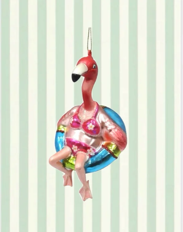 Pink FLAMINGO Tubing Tube Xmas Blown Glass Ornament Bikini Float Life Saver Ring