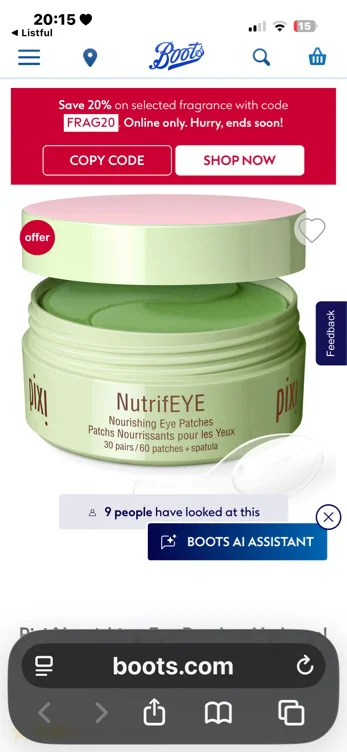 Pixi Nourishing Eye Patches Hydrogel infused with Rose Extract & Aloe Vera - NutrifEYE - 30 Pairs - Boots