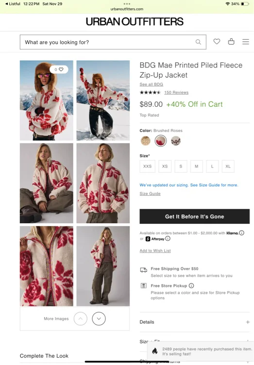 BDG Mae Printed Piled Fleece Zip-Up Jacket
