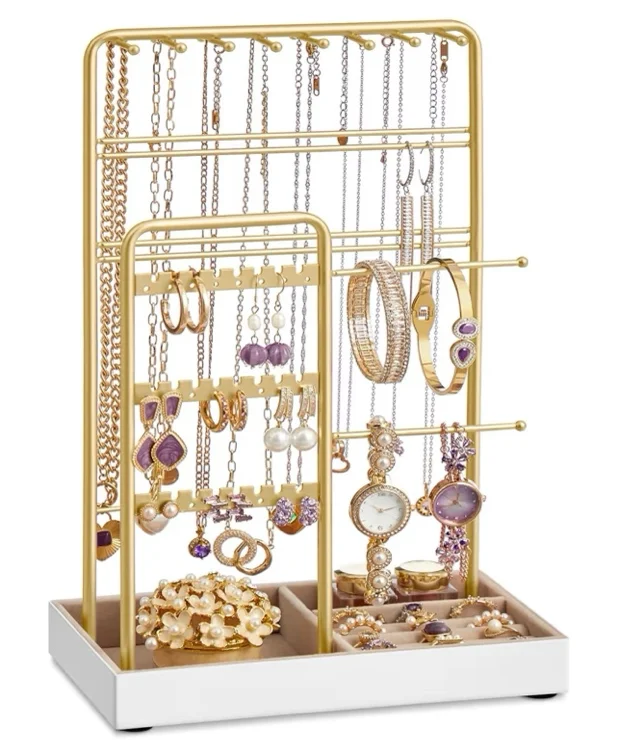 Amazon.com: SONGMICS Necklace Holder, Jewelry Stand Holder Organizer, Jewelry Display with Metal Frame, Velvet Tray, Earring Bracelet Holder, for Gift Idea, 4.5 x 7.7 x 12.1 inch, Pale Gold UJJS021A01 : Clothing, Shoes & Jewelry