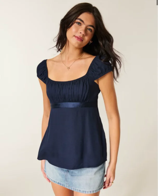 Easy Satin Tie Babydoll Top in navy blue 