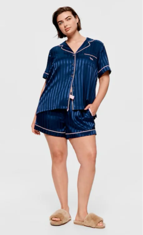 P.A. Plus Navy Stripe Chic Satin Shortie Pj Set  Navy Stripe - Peter Alexander Online