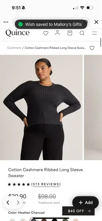 Cotton Cashmere Ribbed Long Sleeve Sweater  in Heather Charcoal