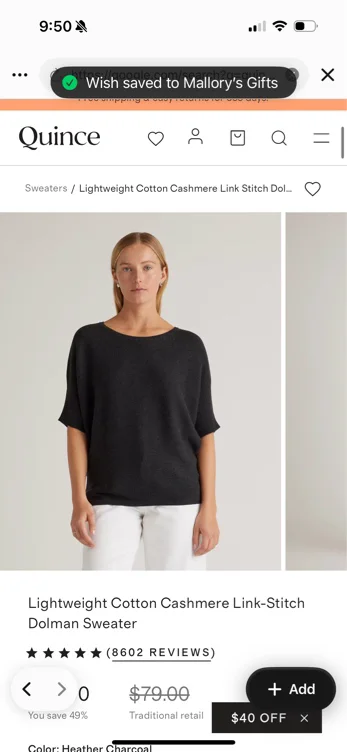 Lightweight Cotton Cashmere Link-Stitch Dolman Sweater  in Heather Charcoal