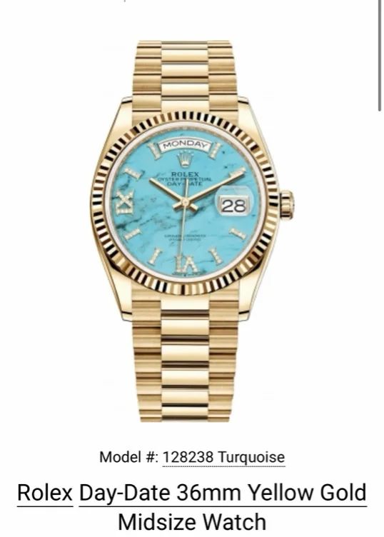 Rolex Day-Date 36mm Yellow Gold 128238 Turquoise