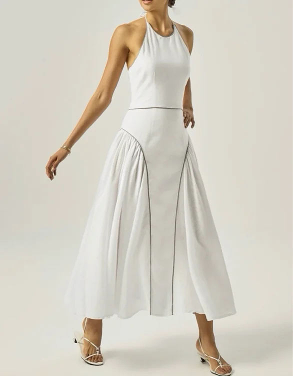 Maddie Iconic Halter Maxi Dress | White/Taupe